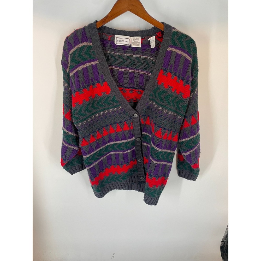 VTG B. Bronson Button-Front V-Neck Aztec Cardigan Sweater Multicolor Size L